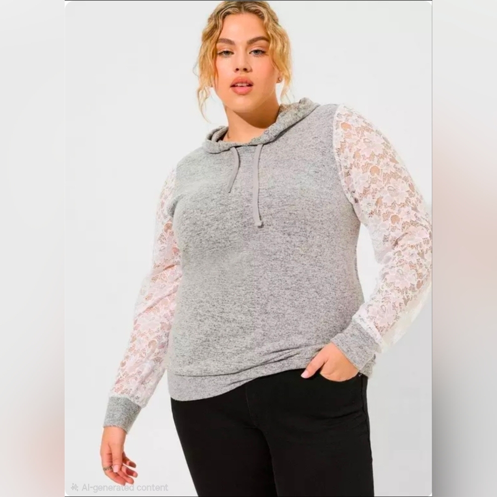 Torrid Super Soft Plush Gray Hoodie with White Lace Sleeves Size 6X